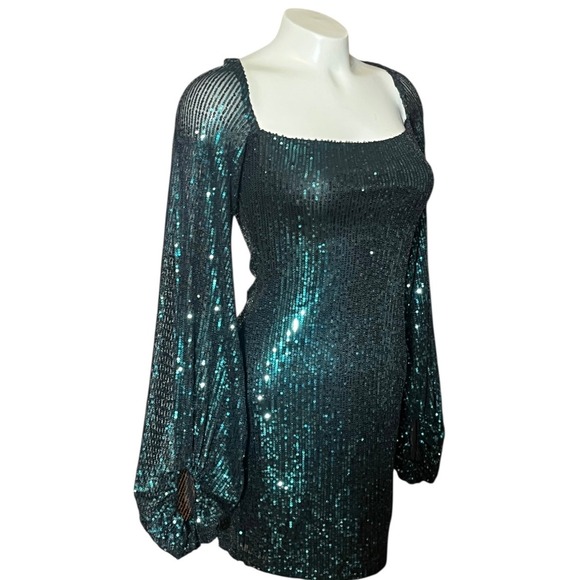 Lucy In The Sky Sequin Long Sleeve Mini Dress Square Neck Party Club  Green - Picture 2 of 7